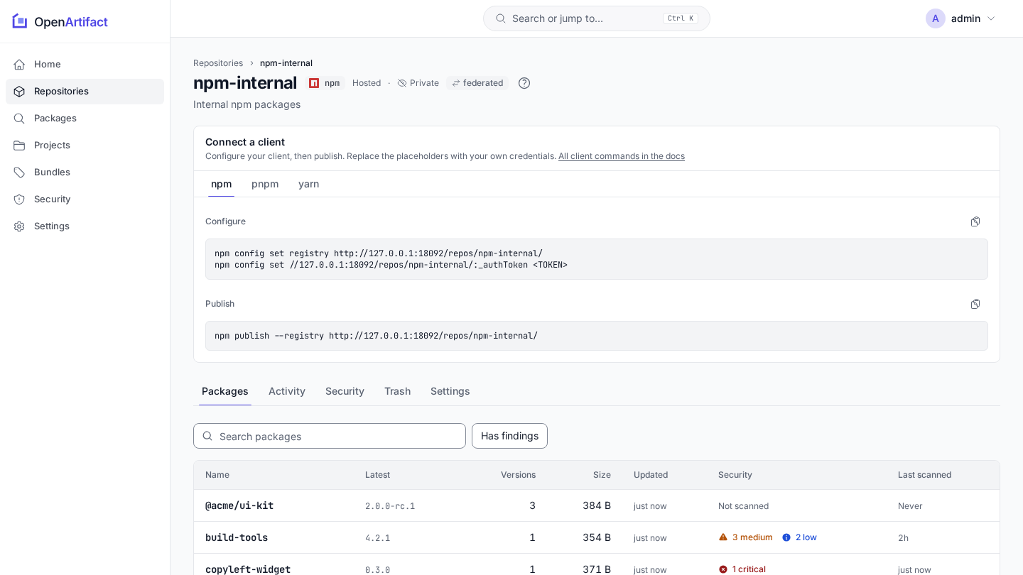 npm repository with published package versions